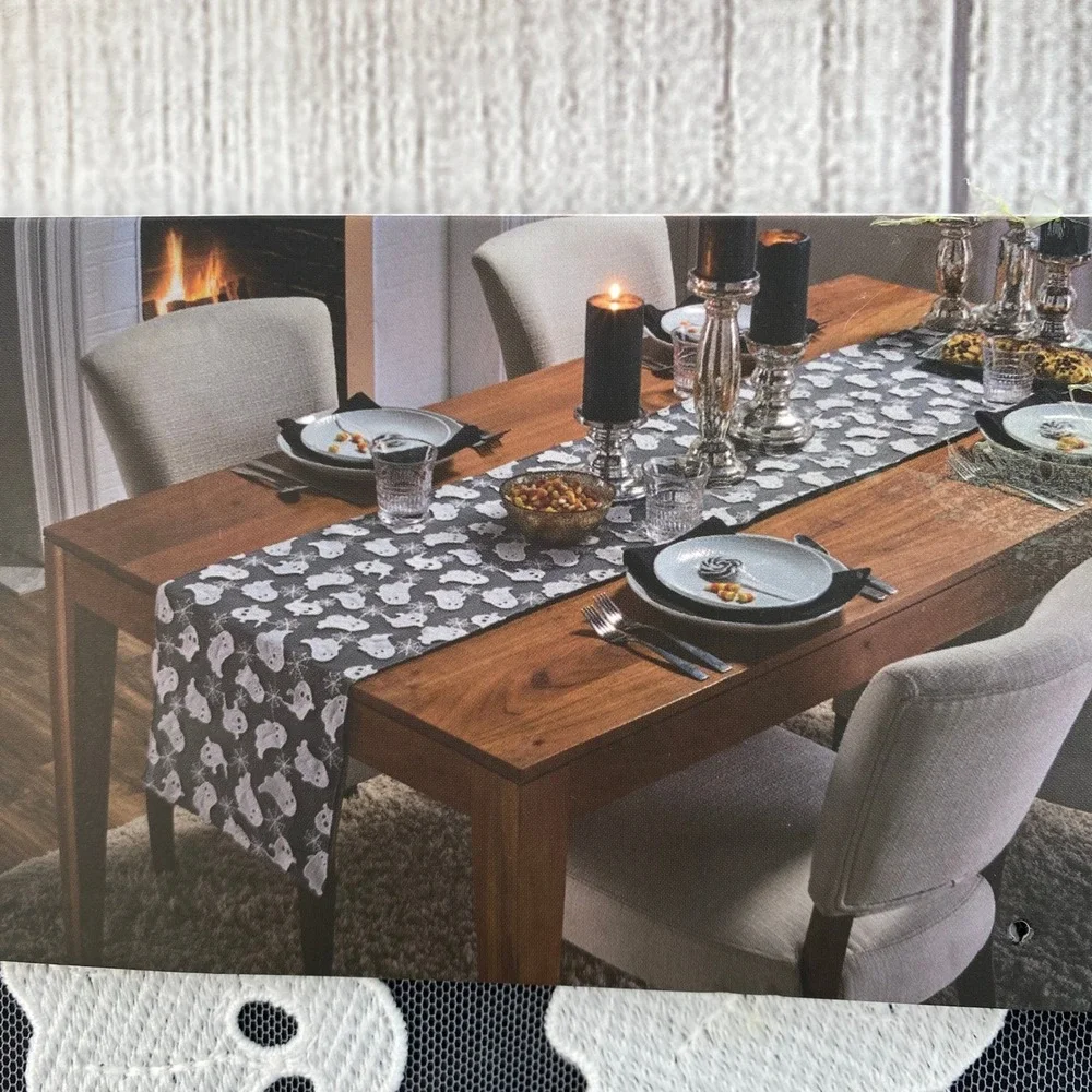 Cupcakes and Cashmere Table Runner Halloween 14x72 Black Ghost Spiderweb Mesh